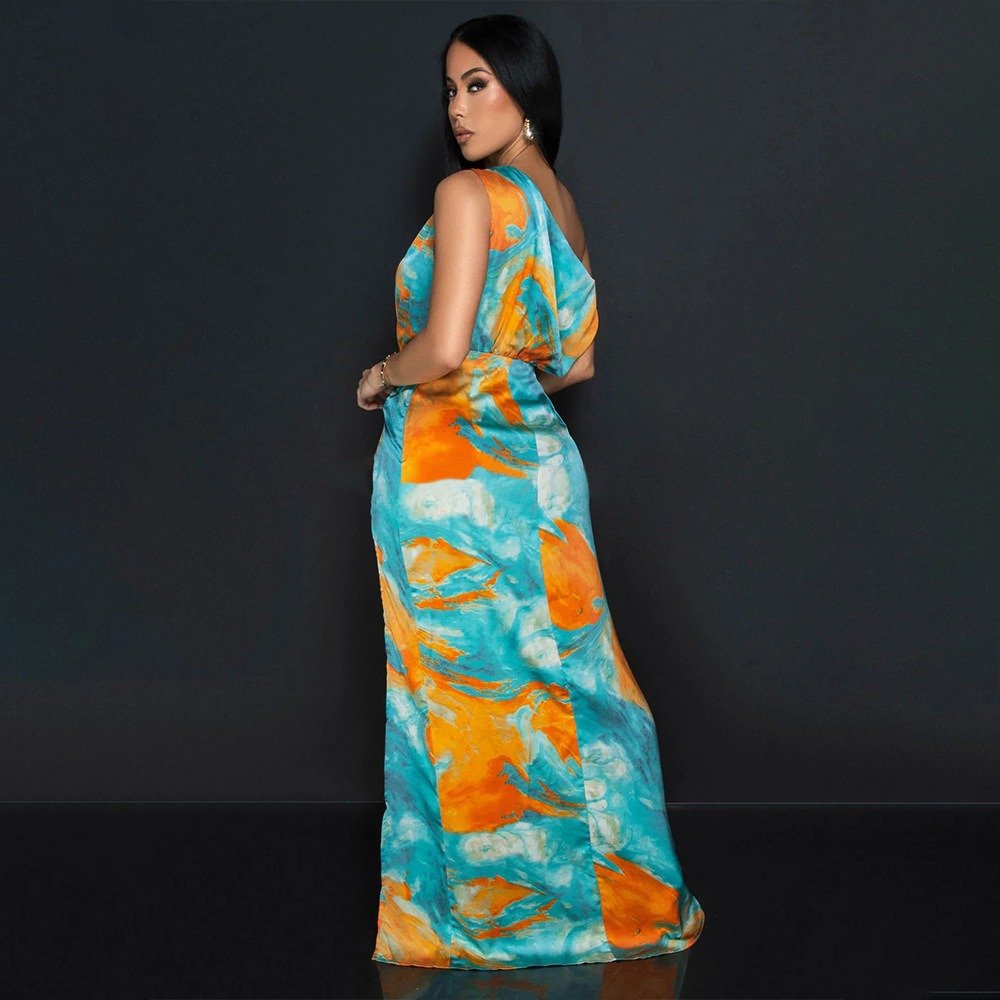 QuiteS Sexy Tie-Dye Dress High Slit Sloping Neck Summer Printed Beach Holiday Vacation Women Casual Silk Dresses