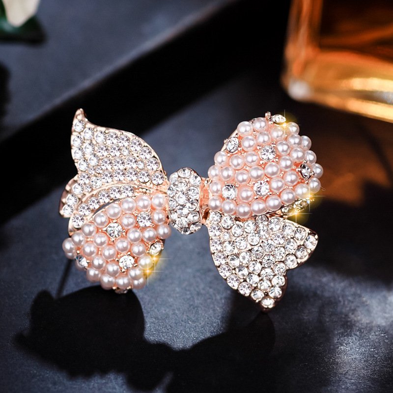 Ribbon Bow Brooches For Women Silk Fabric Tie Corsage Shirt Dress Luxury Rhinestone Bowknot Pearl Brooch Pins Jewelry Accessory