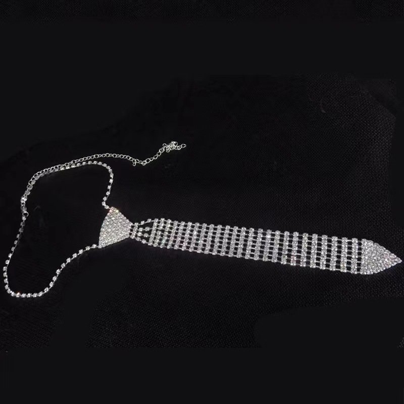 Fashion Luxury Sparkling Crystal Diamond Necktie Long Choker Chain Rhinestone Tie Necklace For Party Model Show