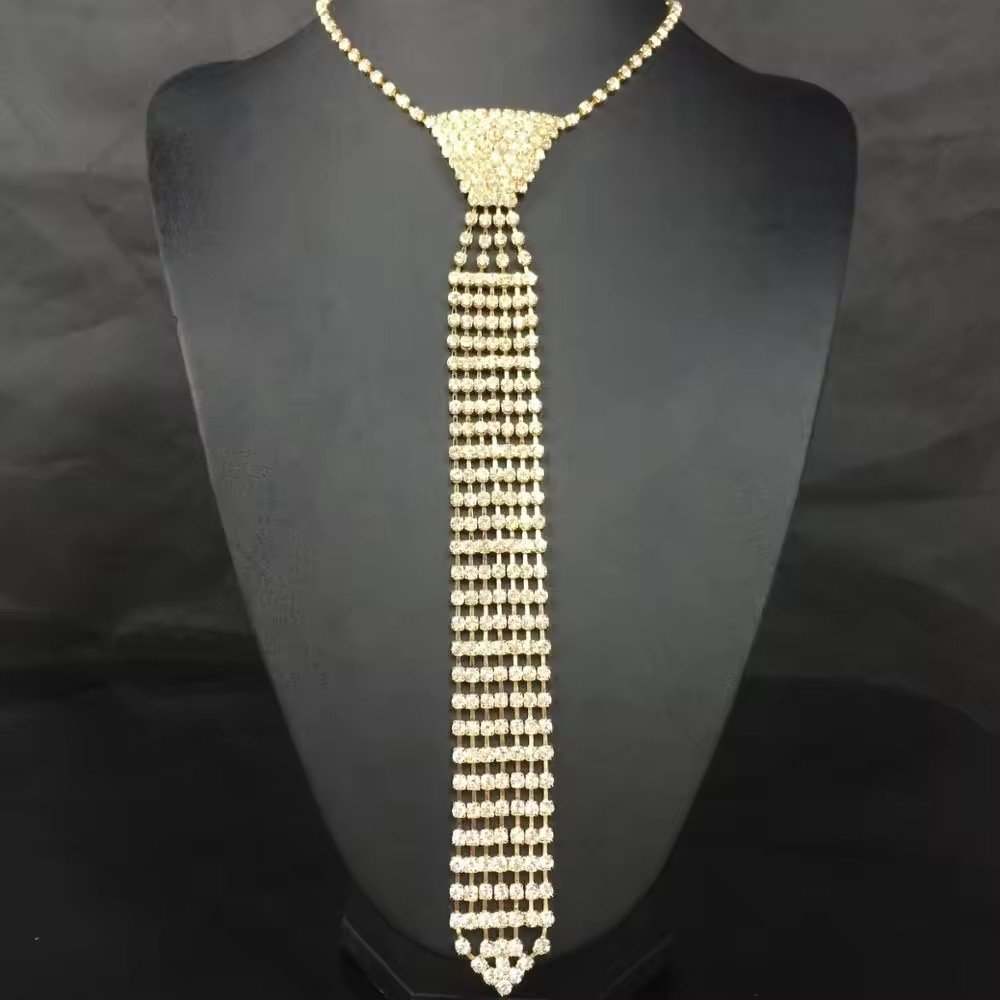 Fashion Luxury Sparkling Crystal Diamond Necktie Long Choker Chain Rhinestone Tie Necklace For Party Model Show
