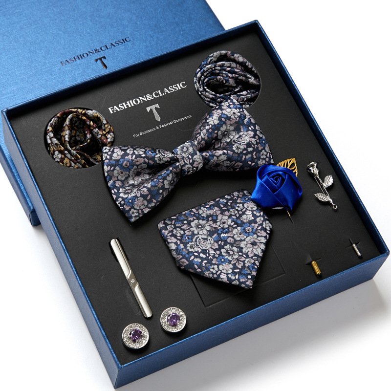 Men's Tie Set Gift Box With Necktie Bowtie Pocket Square Cufflinks Clip Brooches 8pc Suit For Wedding Party Business Tie For Men