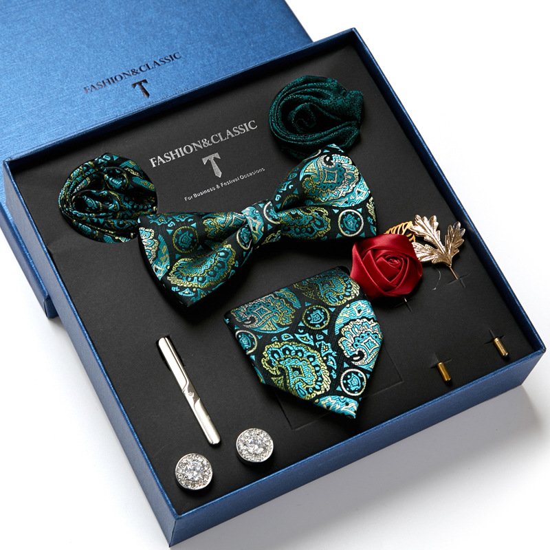 Men's Tie Set Gift Box With Necktie Bowtie Pocket Square Cufflinks Clip Brooches 8pc Suit For Wedding Party Business Tie For Men