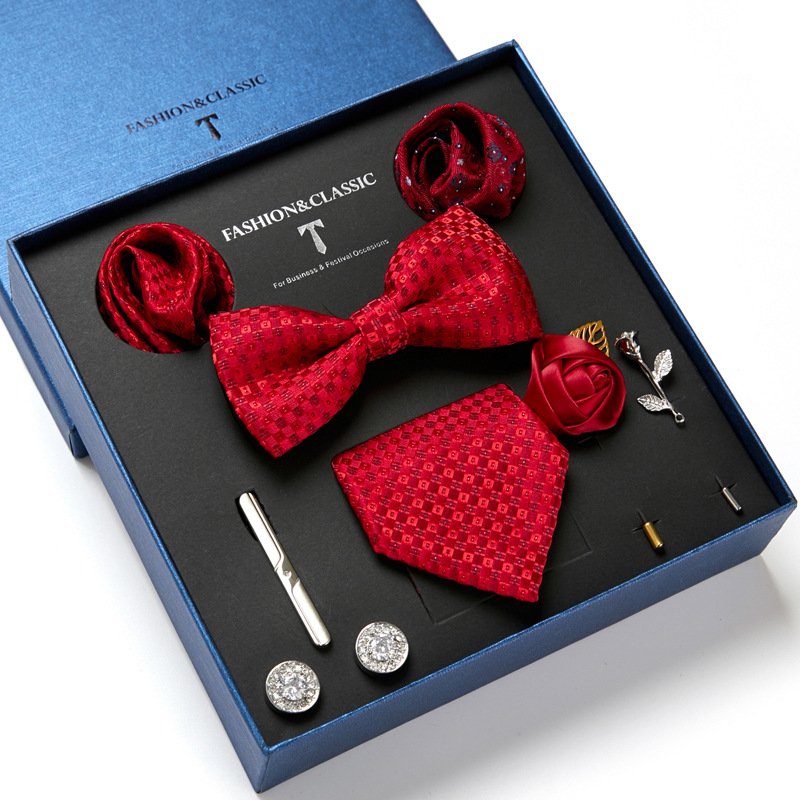 Men's Tie Set Gift Box With Necktie Bowtie Pocket Square Cufflinks Clip Brooches 8pc Suit For Wedding Party Business Tie For Men
