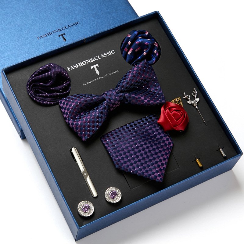 Men's Tie Set Gift Box With Necktie Bowtie Pocket Square Cufflinks Clip Brooches 8pc Suit For Wedding Party Business Tie For Men