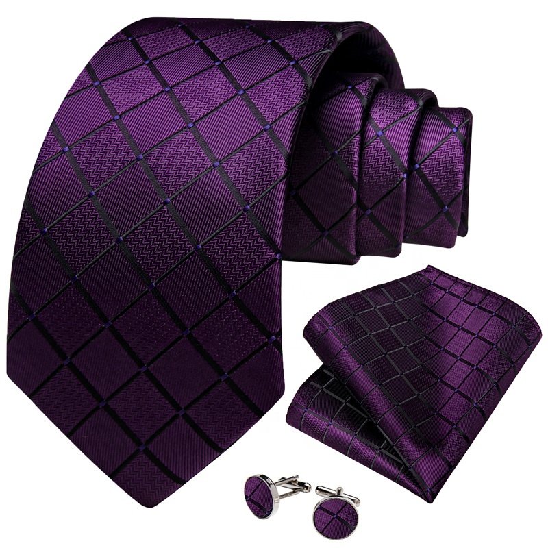 Best Tie Top Luxury Formal Casual Jacquard Woven Dark Purple Plaid Silk Mens Tie Pocket Square Cufflinks Set For Men