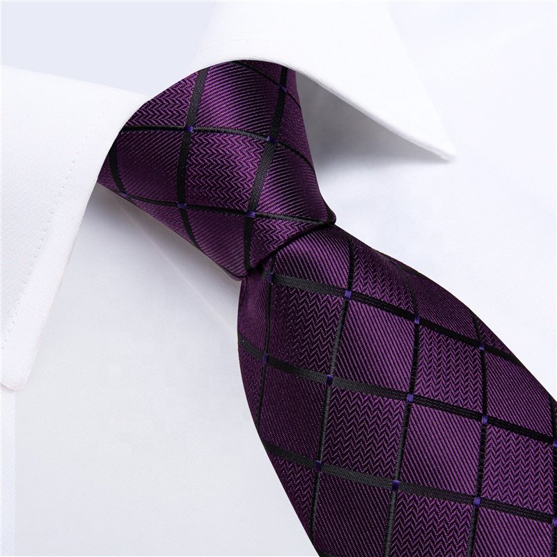 Best Tie Top Luxury Formal Casual Jacquard Woven Dark Purple Plaid Silk Mens Tie Pocket Square Cufflinks Set For Men