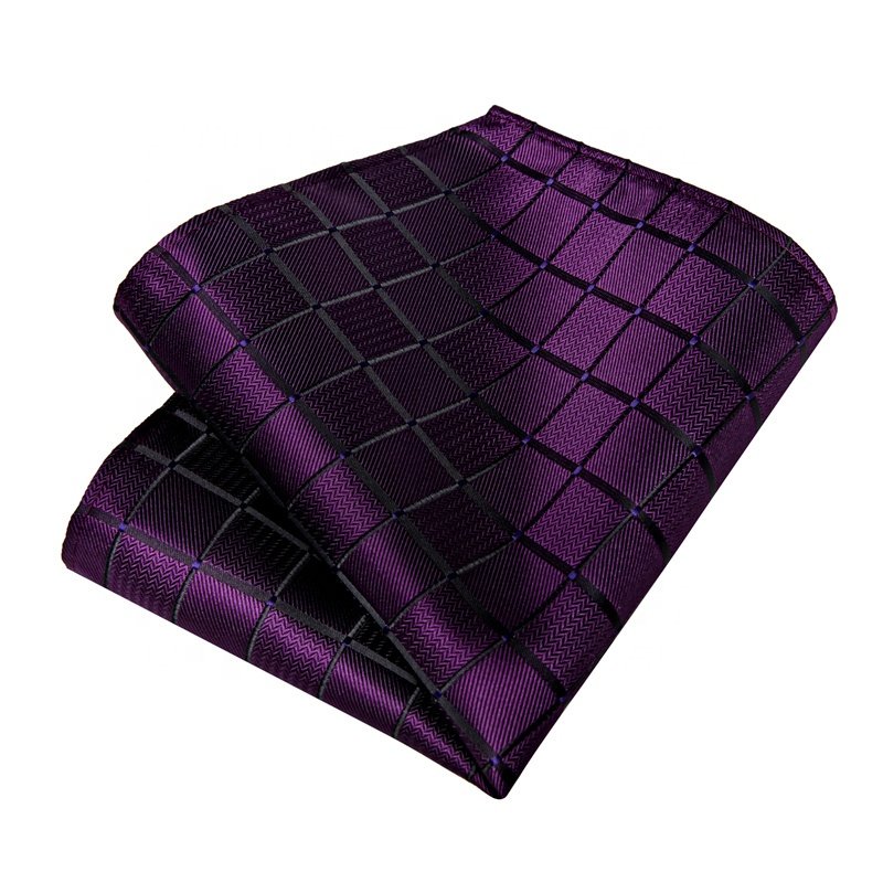 Best Tie Top Luxury Formal Casual Jacquard Woven Dark Purple Plaid Silk Mens Tie Pocket Square Cufflinks Set For Men