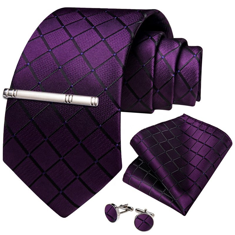 Best Tie Top Luxury Formal Casual Jacquard Woven Dark Purple Plaid Silk Mens Tie Pocket Square Cufflinks Set For Men