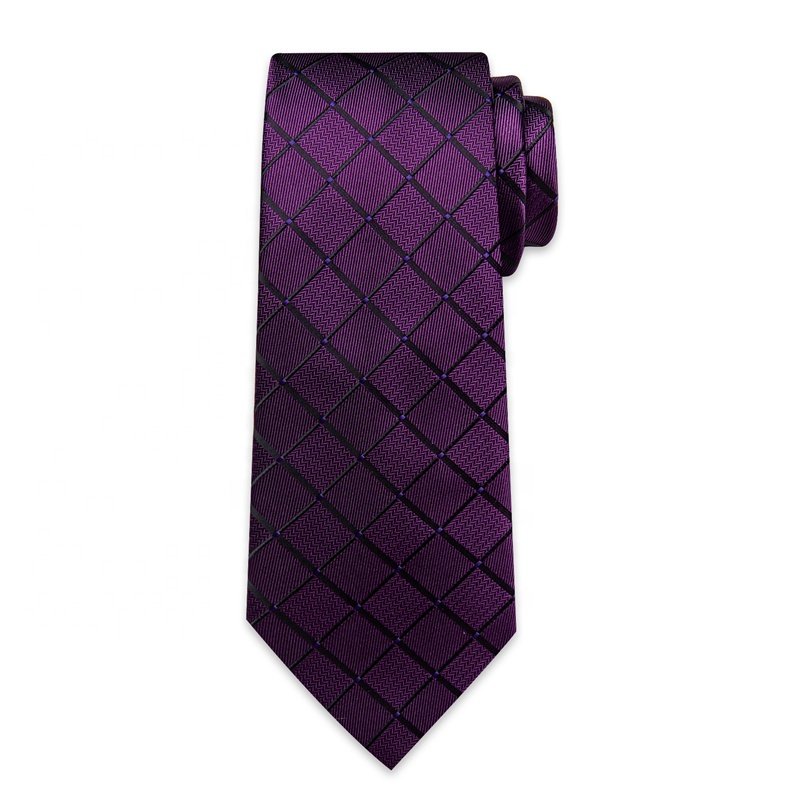 Best Tie Top Luxury Formal Casual Jacquard Woven Dark Purple Plaid Silk Mens Tie Pocket Square Cufflinks Set For Men