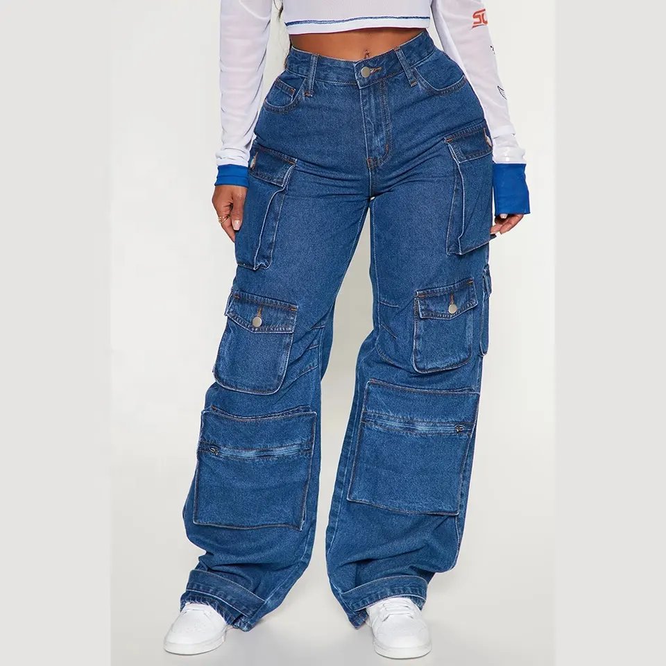 New Style Multi Pockets Jeans Women High Quality Custom Jeans Pant Fashion Cargo Pant Straight Leg Jeans Ladies
