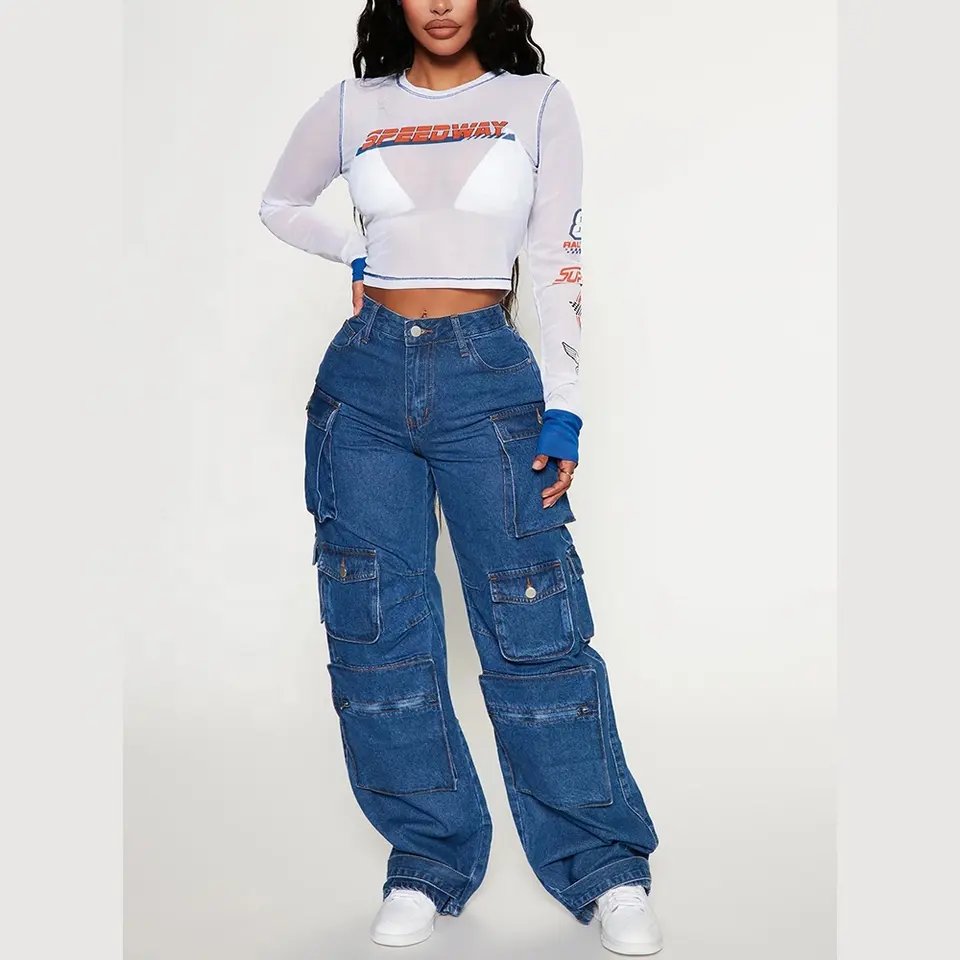 New Style Multi Pockets Jeans Women High Quality Custom Jeans Pant Fashion Cargo Pant Straight Leg Jeans Ladies