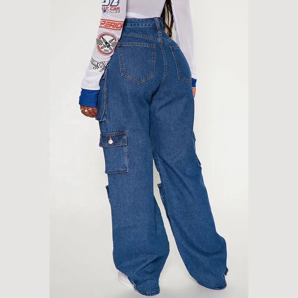 New Style Multi Pockets Jeans Women High Quality Custom Jeans Pant Fashion Cargo Pant Straight Leg Jeans Ladies