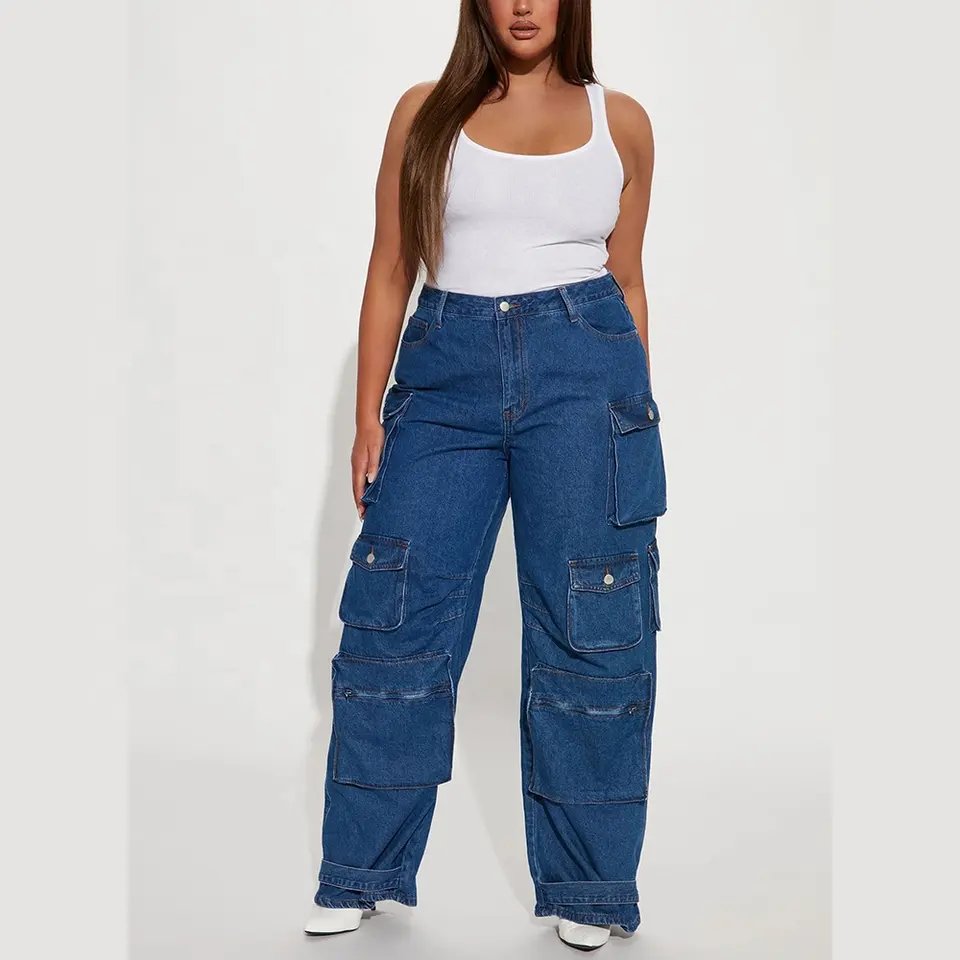 New Style Multi Pockets Jeans Women High Quality Custom Jeans Pant Fashion Cargo Pant Straight Leg Jeans Ladies