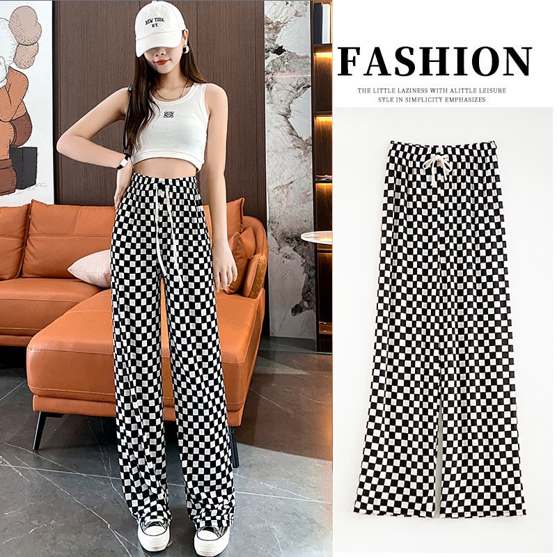Lady Checkered Plaid Long Pants Ice Silk Thin Fabric Drawstring Loose Trousers Spring Summer Women Lady Wide Leg Casual Pants