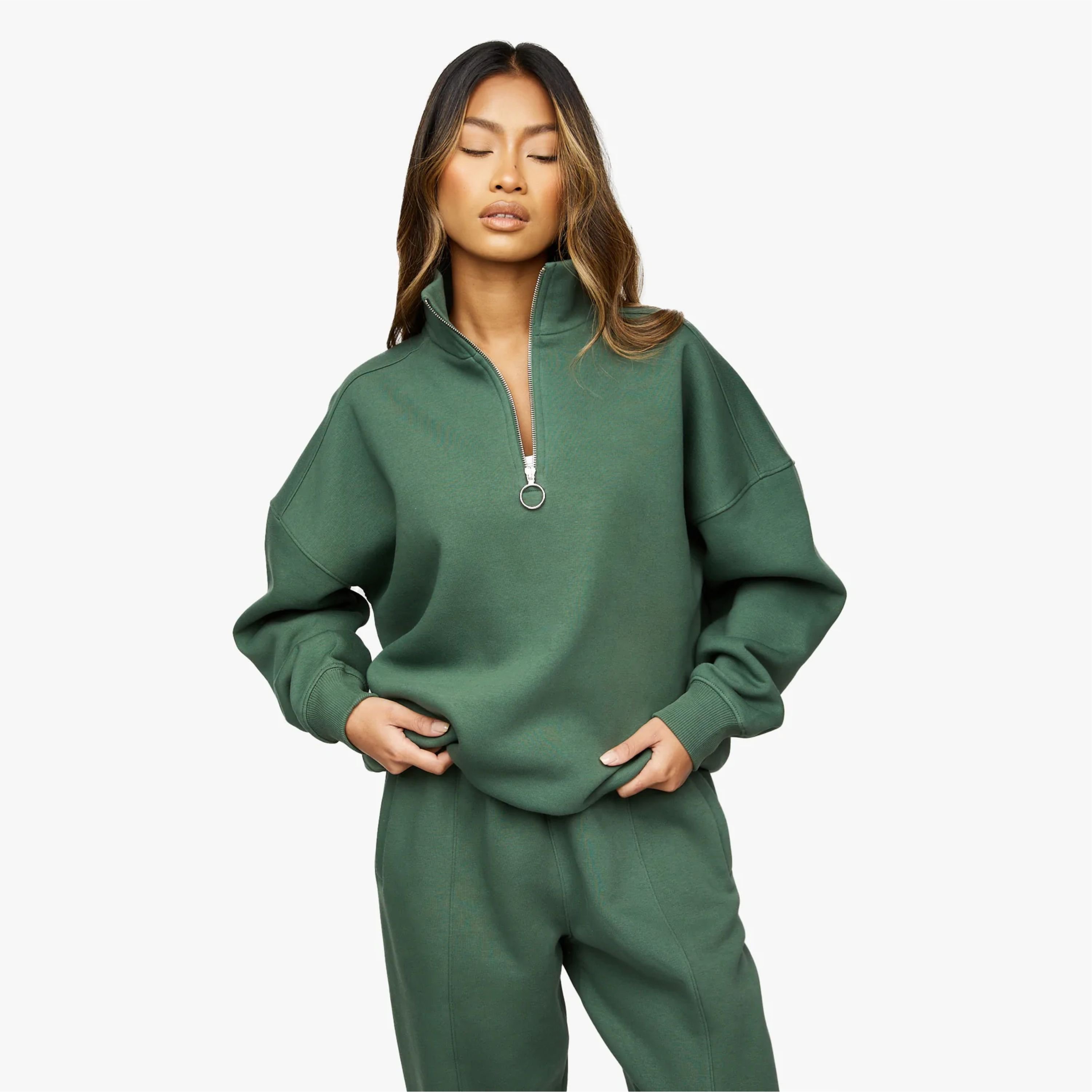 65% Cotton 35% Polyester Racing Green Athletics Club 1/4 Zip Funnel Women's Cropped Tracksuit