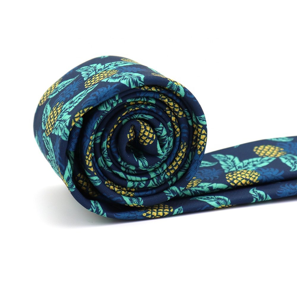 Tropical Hawaiian Fruit Pineapple Leaf Pop Art Holiday Polyester Twill Slim Skinny Narrow Custom Printed Ties for Men