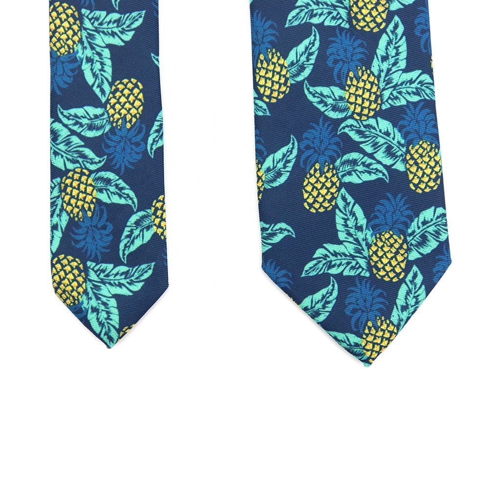 Tropical Hawaiian Fruit Pineapple Leaf Pop Art Holiday Polyester Twill Slim Skinny Narrow Custom Printed Ties for Men