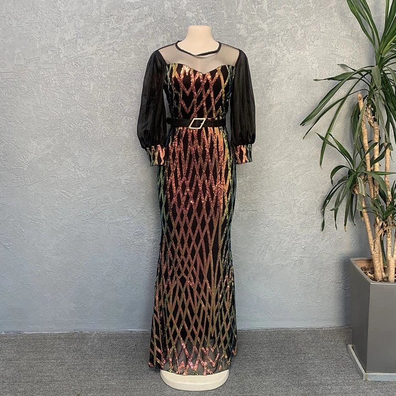 African Fashion Women Sequin Dress Summer Mesh Evening Long Dresses Slim Bodycon Gowns for Party Sexy Ladys Clothes