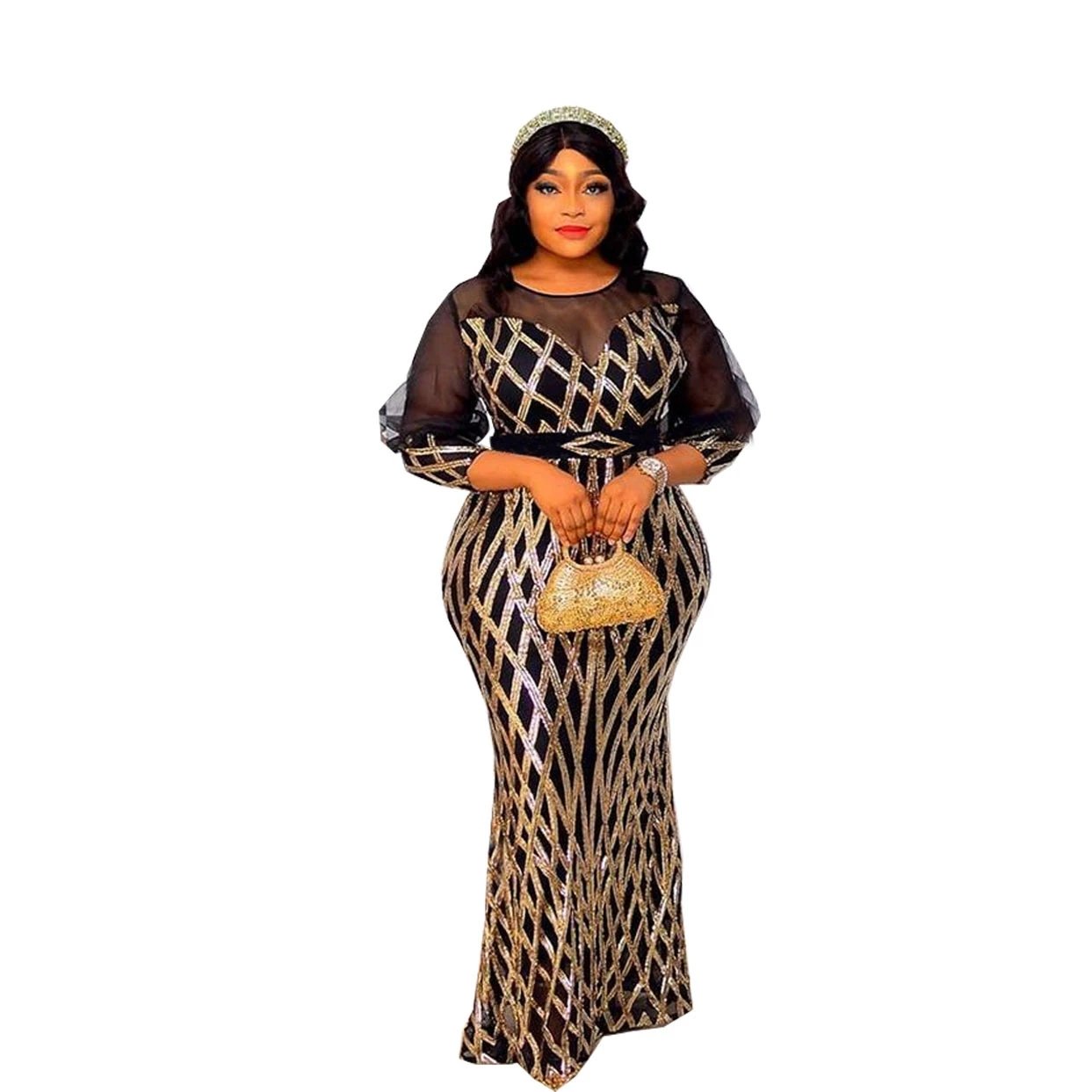 African Fashion Women Sequin Dress Summer Mesh Evening Long Dresses Slim Bodycon Gowns for Party Sexy Ladys Clothes