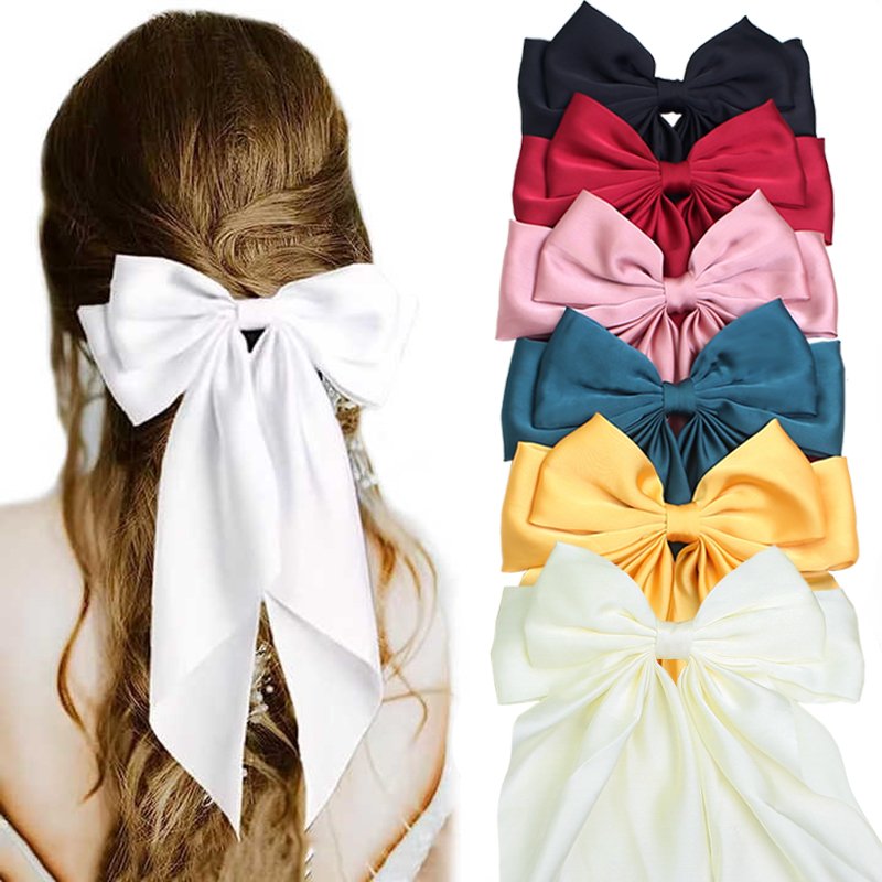 Luxury Elegant Silk Fabric Long Bow Girls Hair Clips Accessories Bowknot Ribbon Hairpin Pink Bow Hairgrips For Women