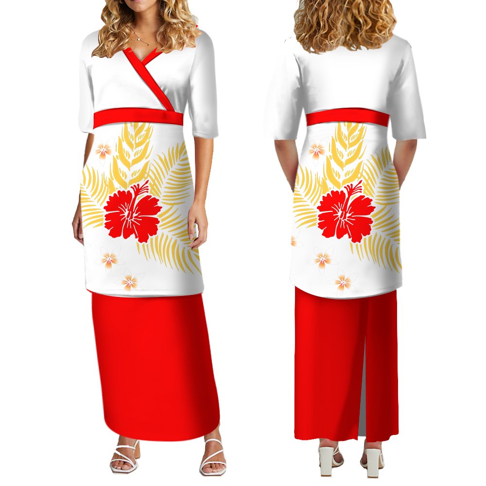 New Style Custom Polynesian Tribal V Neck Samoan Puletasi Set Ptaha Hawaiian Flower Printed Top And Skirts Womens Two Piece Sets