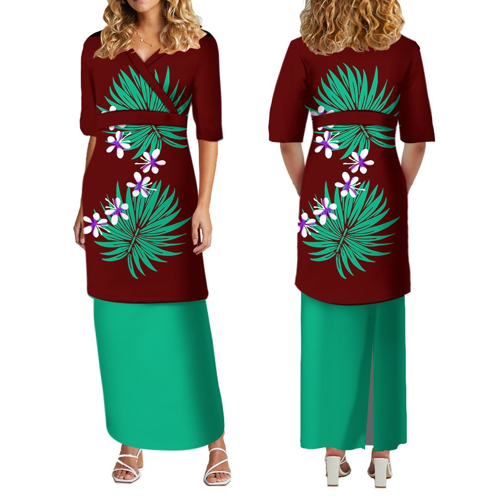 New Style Custom Polynesian Tribal V Neck Samoan Puletasi Set Ptaha Hawaiian Flower Printed Top And Skirts Womens Two Piece Sets