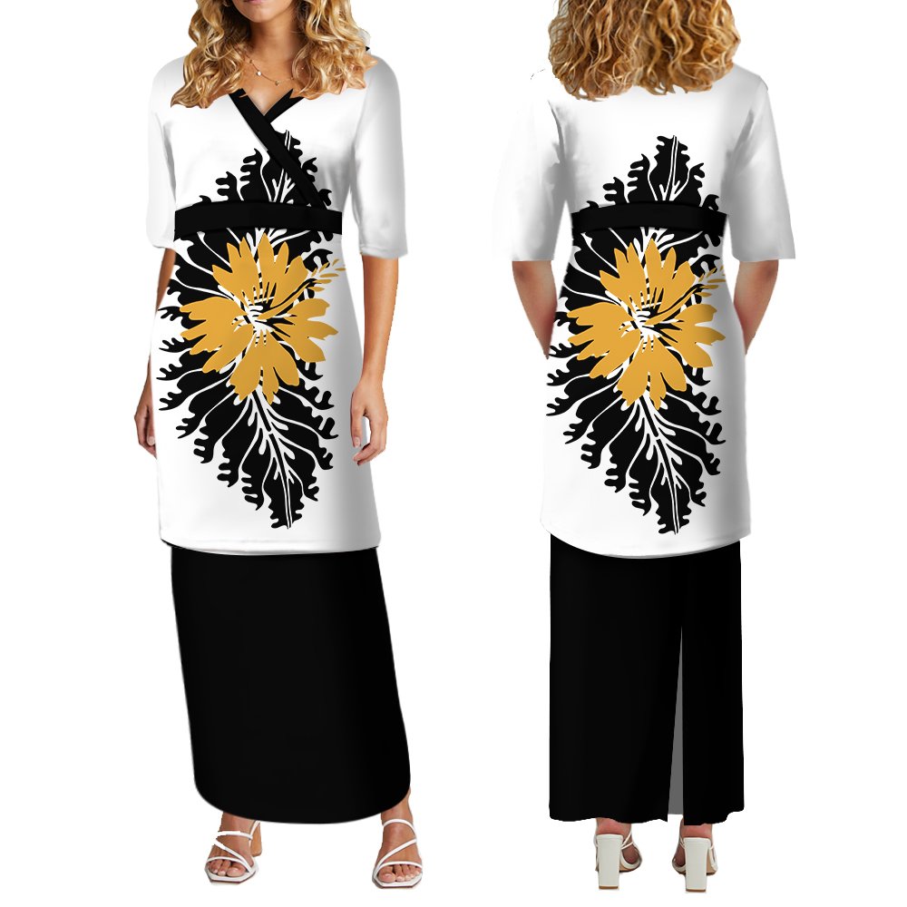 New Style Custom Polynesian Tribal V Neck Samoan Puletasi Set Ptaha Hawaiian Flower Printed Top And Skirts Womens Two Piece Sets