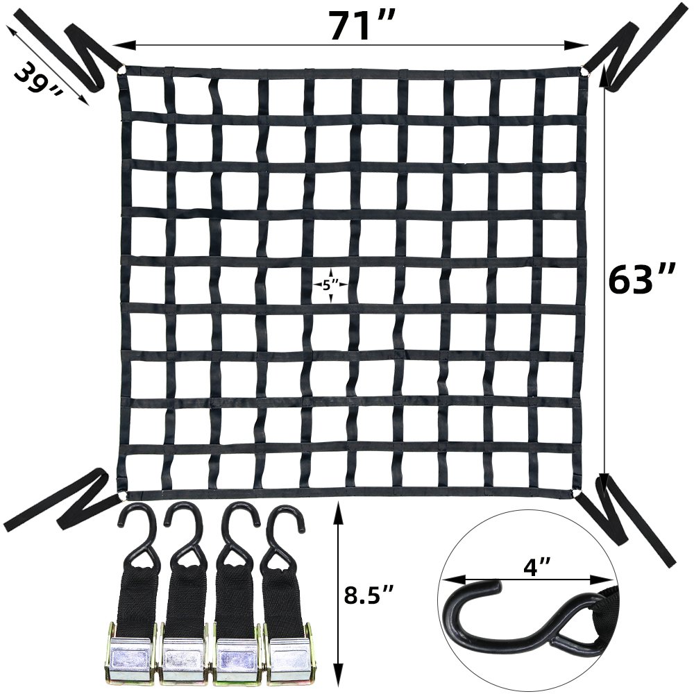 Heavy Duty Custom 1" Webbing Cargo Net with D Rings & Cam Buckle Tie-Down Ratchet Strap for Pick Up Trucks Bed