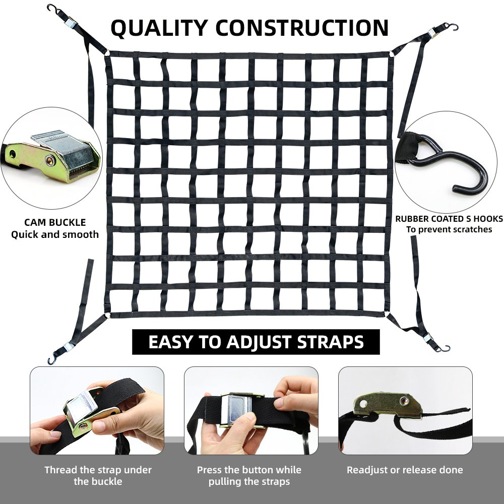 Heavy Duty Custom 1" Webbing Cargo Net with D Rings & Cam Buckle Tie-Down Ratchet Strap for Pick Up Trucks Bed