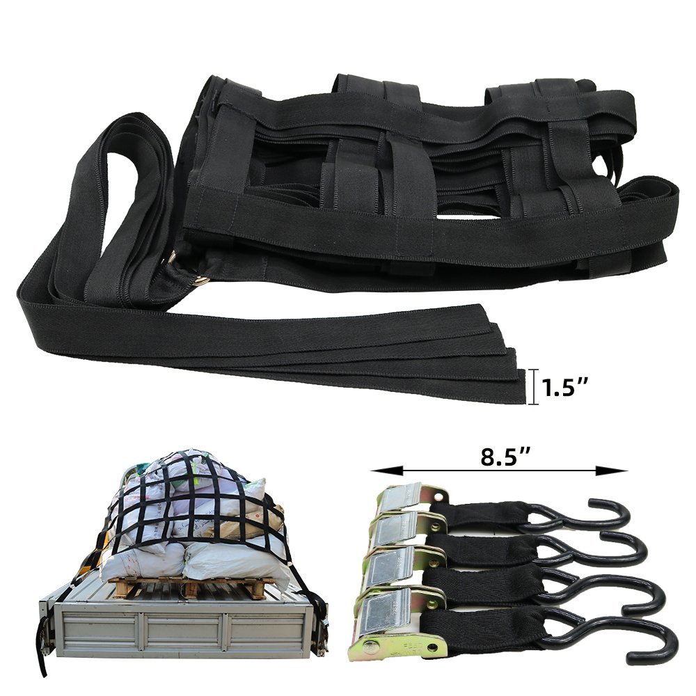 Heavy Duty Custom 1" Webbing Cargo Net with D Rings & Cam Buckle Tie-Down Ratchet Strap for Pick Up Trucks Bed