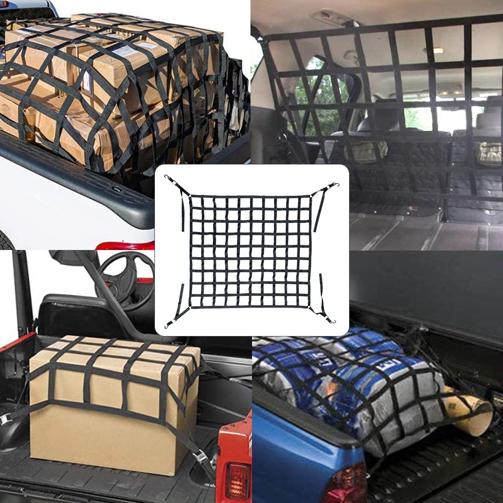 Heavy Duty Custom 1" Webbing Cargo Net with D Rings & Cam Buckle Tie-Down Ratchet Strap for Pick Up Trucks Bed