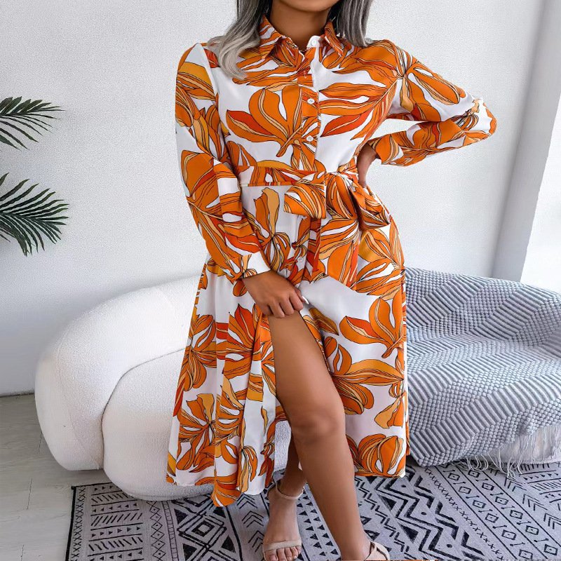 Spring and summer color contrast flower lapel long section female elegant print tie dress