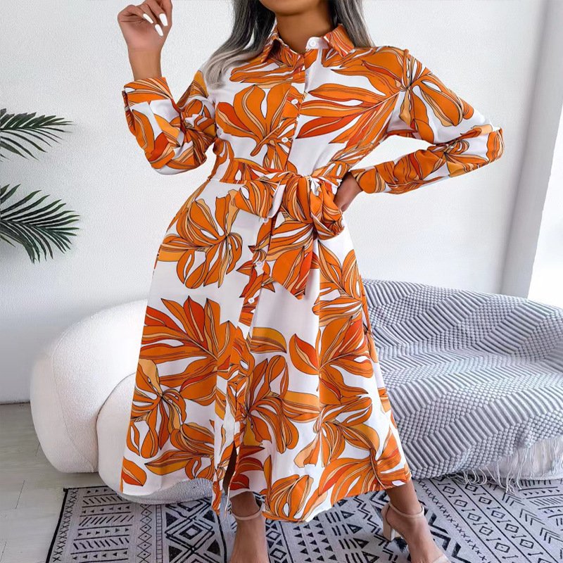 Spring and summer color contrast flower lapel long section female elegant print tie dress