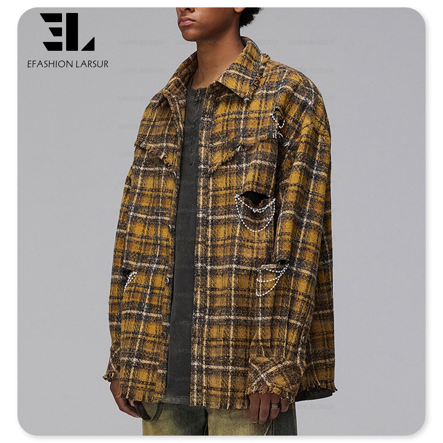 LARSUR Custom factory heavyweight fleece wool / polyester plaid flannel shirts ripped raw edges button fly flannel jacket men
