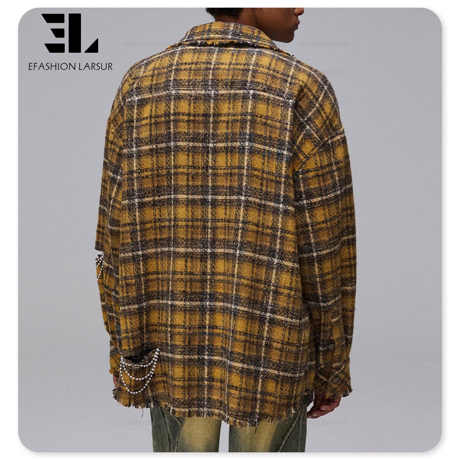 LARSUR Custom factory heavyweight fleece wool / polyester plaid flannel shirts ripped raw edges button fly flannel jacket men