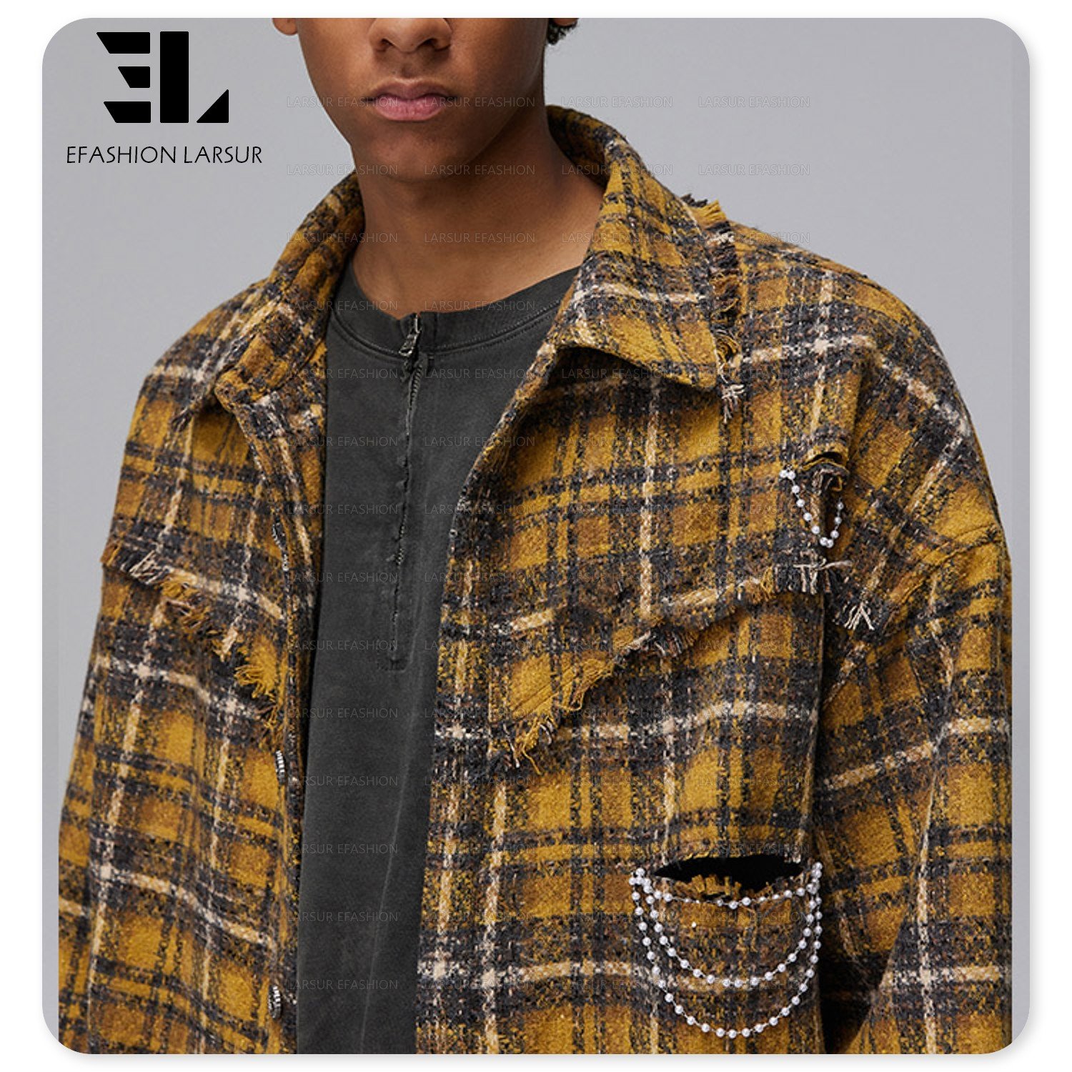 LARSUR Custom factory heavyweight fleece wool / polyester plaid flannel shirts ripped raw edges button fly flannel jacket men