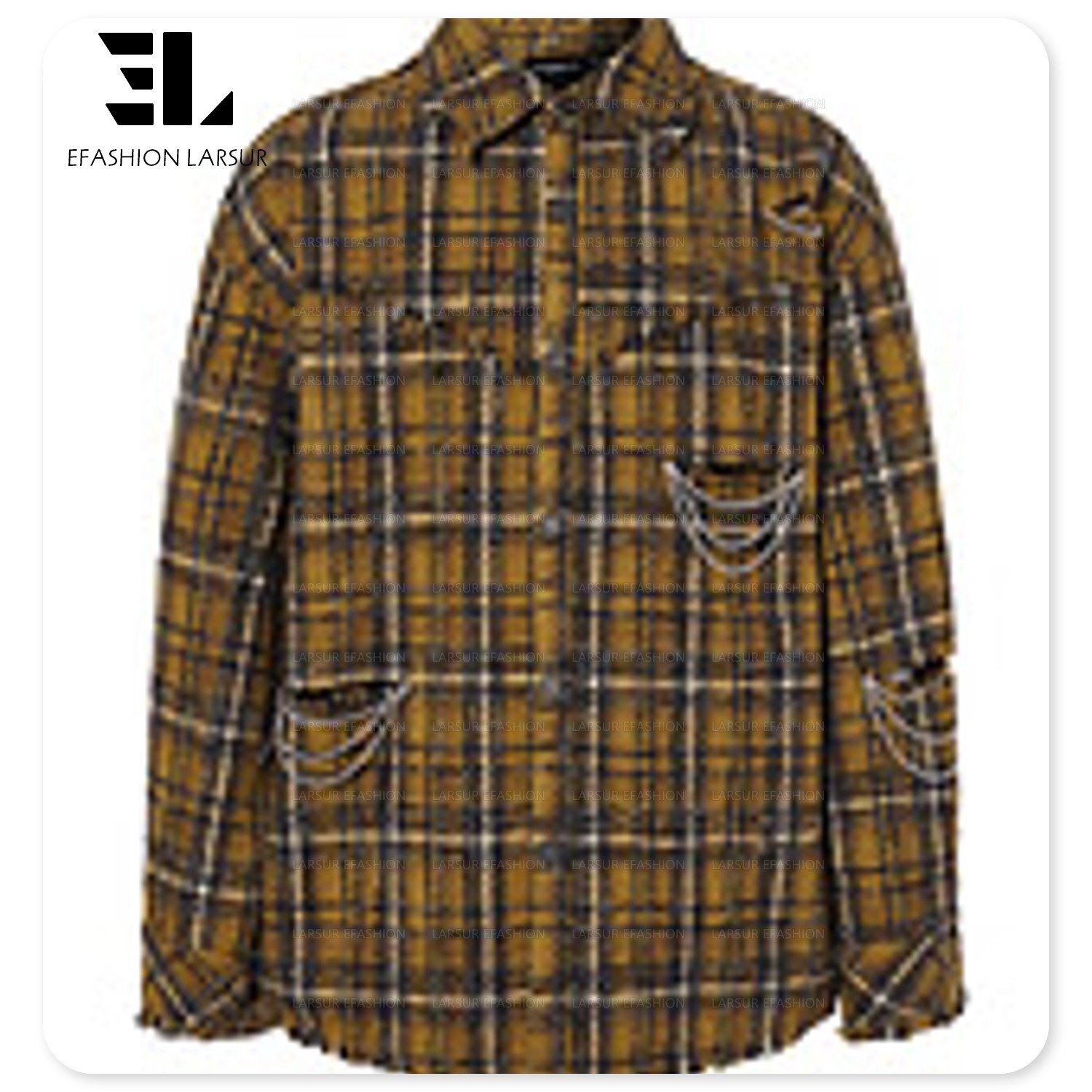 LARSUR Custom factory heavyweight fleece wool / polyester plaid flannel shirts ripped raw edges button fly flannel jacket men