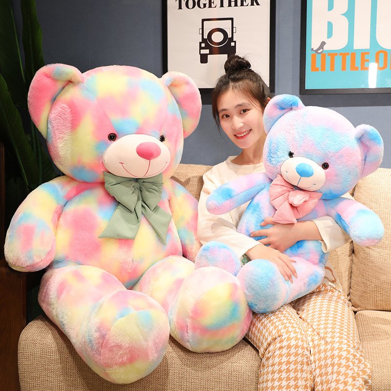 Factory Price Stuffed Animals Colorful Bow Big Teddy Bear Tie-dye Pink Plush Toy for Valentine Christmas Birthday