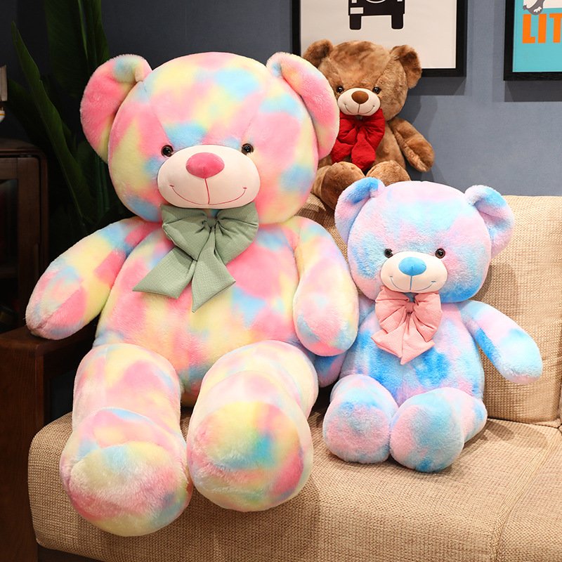 Factory Price Stuffed Animals Colorful Bow Big Teddy Bear Tie-dye Pink Plush Toy for Valentine Christmas Birthday