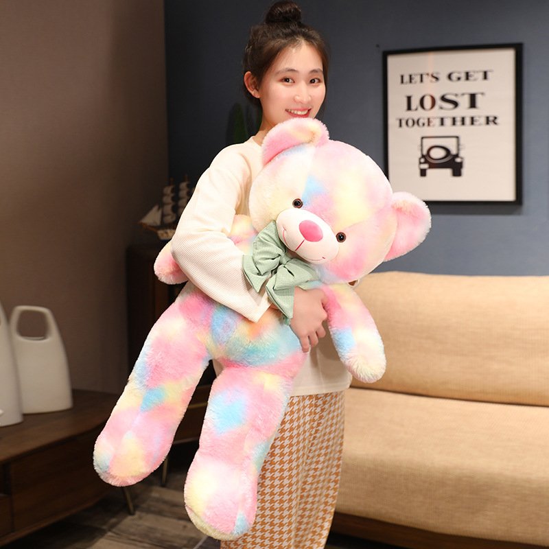Factory Price Stuffed Animals Colorful Bow Big Teddy Bear Tie-dye Pink Plush Toy for Valentine Christmas Birthday