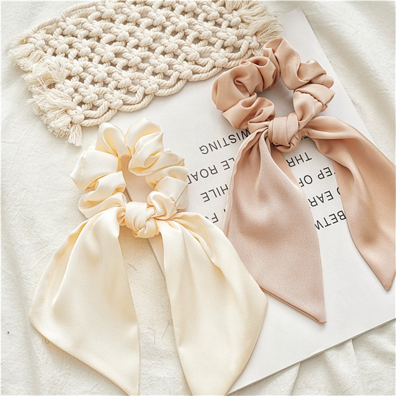 Fashion Sweet Satin Silk Scrunchy Hair Ties Vintage Pure Color Autumn Bow Knot Long Ribbon Hair Scrunchies For Women