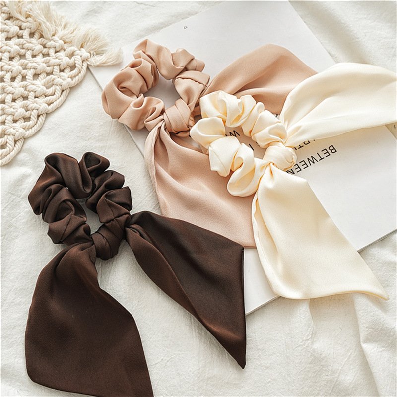 Fashion Sweet Satin Silk Scrunchy Hair Ties Vintage Pure Color Autumn Bow Knot Long Ribbon Hair Scrunchies For Women