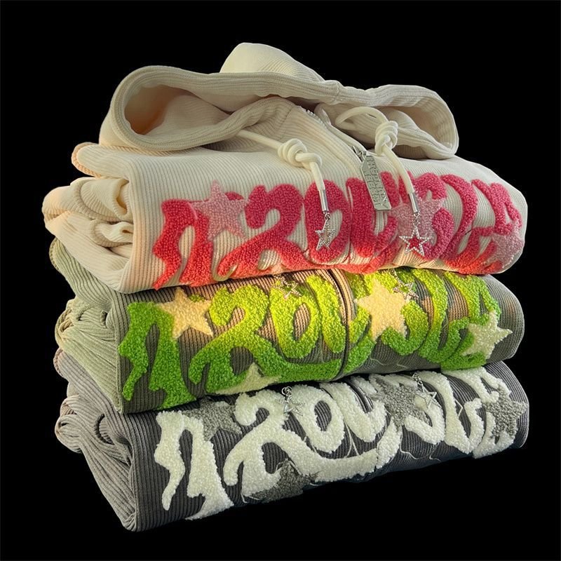 Custom Logo Chenille Letters Embroidery Corduroy Hoodies Unisex Heavyweight Full Zip Up Patches Towel Embroidered Men Hoodie