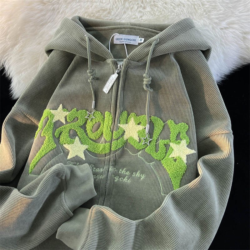 Custom Logo Chenille Letters Embroidery Corduroy Hoodies Unisex Heavyweight Full Zip Up Patches Towel Embroidered Men Hoodie