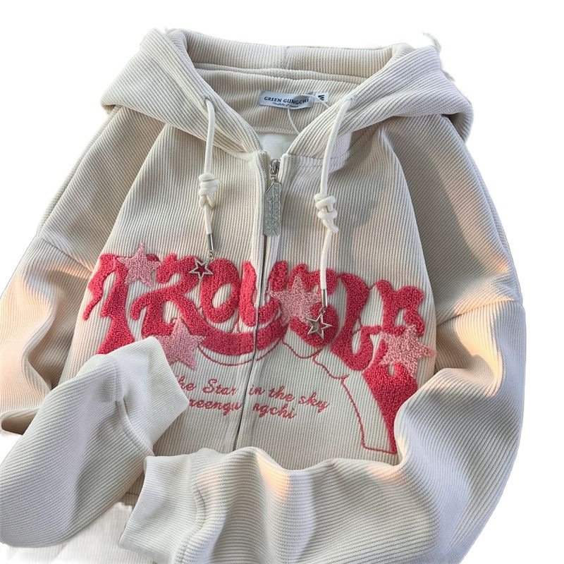 Custom Logo Chenille Letters Embroidery Corduroy Hoodies Unisex Heavyweight Full Zip Up Patches Towel Embroidered Men Hoodie