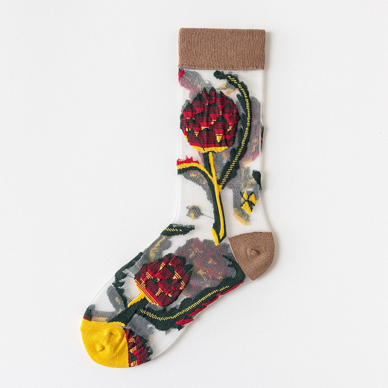Summer Thin European American Style Flowers Forest Glass Silk Breathable Women'S Socks