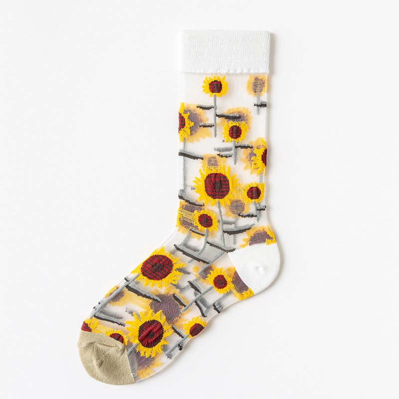 Summer Thin European American Style Flowers Forest Glass Silk Breathable Women'S Socks