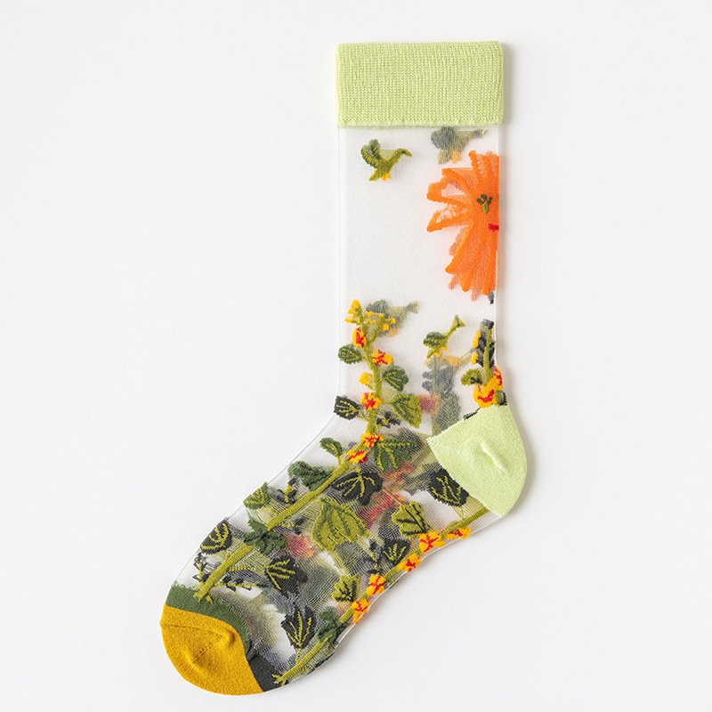 Summer Thin European American Style Flowers Forest Glass Silk Breathable Women'S Socks