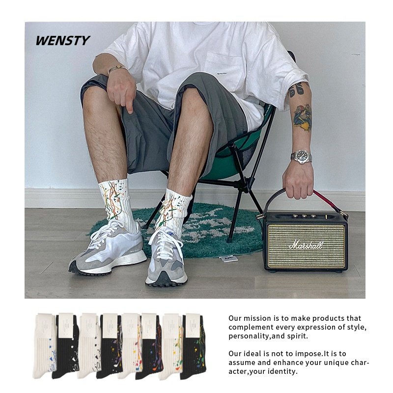 Newest fashion design top quality chunky line knitted cotton man crew socks couples scribble tie dye socks unisex leisure socks