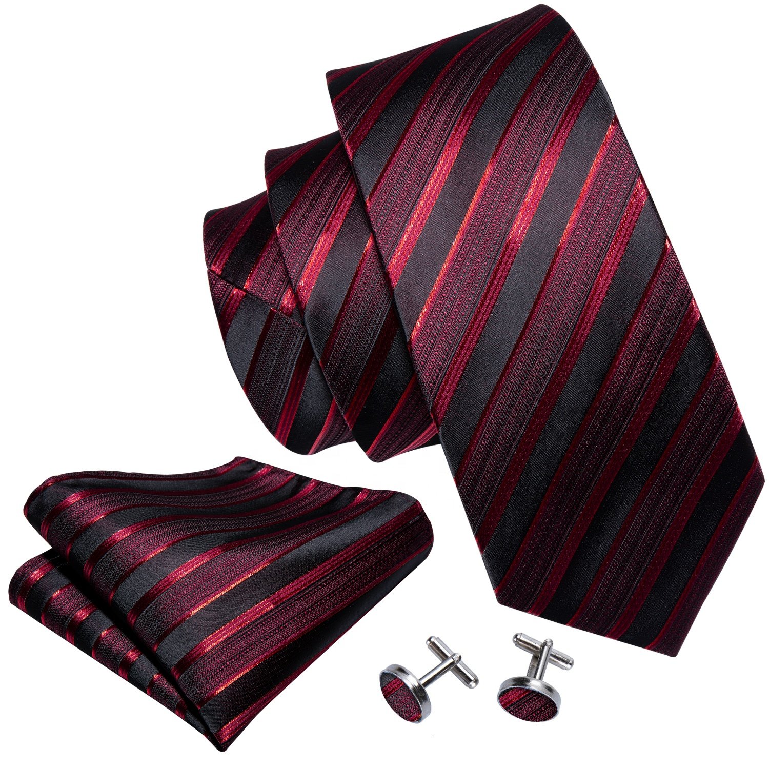 Custom Wholesale Fashion Business Wedding Necktie Luxury Shinning Red Striped Men Silk Tie Neckties Hanky Cufflinks Set